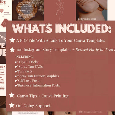 100 Spray Tan Instagram Posts BUNDLE, Volume 2: IG Stories + Resized For In-Feed Posts, Editable Digital Downloads, Canva Templates