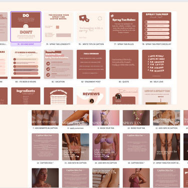 75+ Spray Tan Instagram Posts -VOLUME 1, Editable Social Media Graphics, Canva Templates, Business Marketing, Sunless Artist, Branding