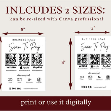 Scan To Pay Card, QR Code Sign, Printable Payment Sign, Venmo Payment Card, Editable Canva Template, PayPal Sign for Small Business, Digital