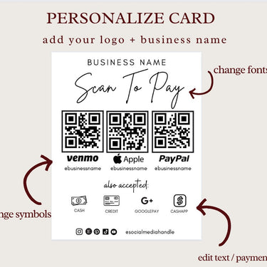 Scan To Pay Card, QR Code Sign, Printable Payment Sign, Venmo Payment Card, Editable Canva Template, PayPal Sign for Small Business, Digital