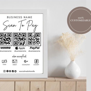 Scan To Pay Card, QR Code Sign, Printable Payment Sign, Venmo Payment Card, Editable Canva Template, PayPal Sign for Small Business, Digital