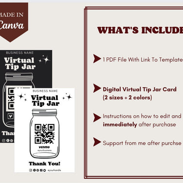 Virtual Tip Jar Print, QR Code Sign, Printable Tip Sign, Venmo Card, Editable Canva Template, Electronic Tipping for Small Business, Digital
