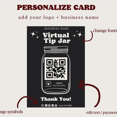 Virtual Tip Jar Print, QR Code Sign, Printable Tip Sign, Venmo Card, Editable Canva Template, Electronic Tipping for Small Business, Digital