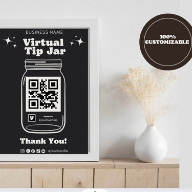 Virtual Tip Jar Print, QR Code Sign, Printable Tip Sign, Venmo Card, Editable Canva Template, Electronic Tipping for Small Business, Digital