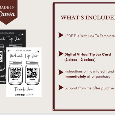 Virtual Tip Jar Print, QR Code Sign, Printable Tip Sign, Venmo Card, Editable Canva Template, Electronic Tipping for Small Business, Digital