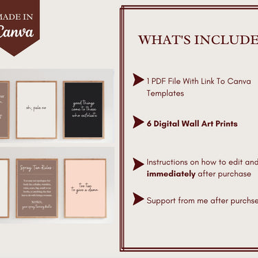 6 Digital Wall Art Prints - Wall Decor Self Care Canva Templates