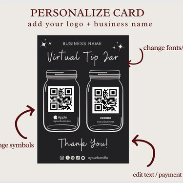 Virtual Tip Jar Print, QR Code Sign, Printable Tip Sign, Venmo Card, Editable Canva Template, Electronic Tipping for Small Business, Digital