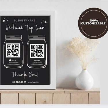 Virtual Tip Jar Print, QR Code Sign, Printable Tip Sign, Venmo Card, Editable Canva Template, Electronic Tipping for Small Business, Digital