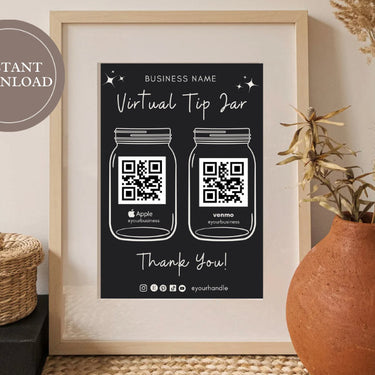 Virtual Tip Jar Print, QR Code Sign, Printable Tip Sign, Venmo Card, Editable Canva Template, Electronic Tipping for Small Business, Digital