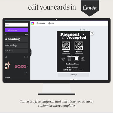Payment Accepted Card, QR Code Sign, Printable Payment Sign, Venmo Card, Editable Canva Template, PayPal Sign for Small Business, Digital