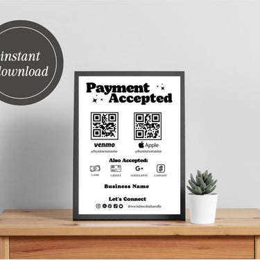 Payment Accepted Card, QR Code Sign, Printable Payment Sign, Venmo Card, Editable Canva Template, PayPal Sign for Small Business, Digital
