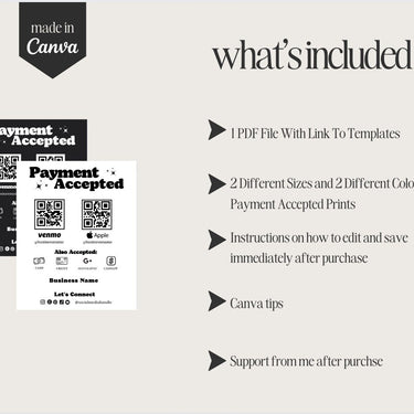 Payment Accepted Card, QR Code Sign, Printable Payment Sign, Venmo Card, Editable Canva Template, PayPal Sign for Small Business, Digital