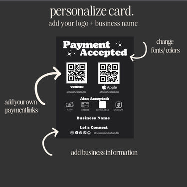 Payment Accepted Card, QR Code Sign, Printable Payment Sign, Venmo Card, Editable Canva Template, PayPal Sign for Small Business, Digital