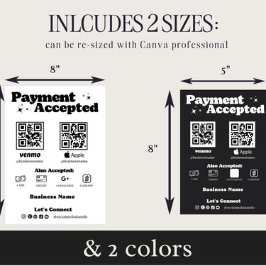 Payment Accepted Card, QR Code Sign, Printable Payment Sign, Venmo Card, Editable Canva Template, PayPal Sign for Small Business, Digital