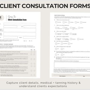 Spray Tan Consultation Forms: Waiver, Consent, Consultation, Client Record Form