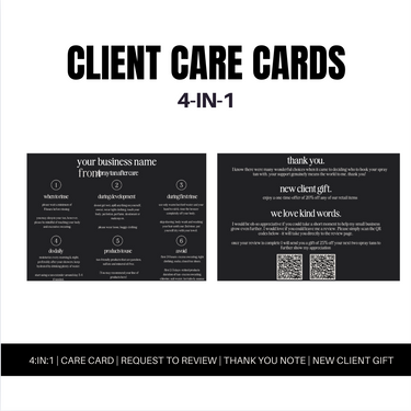Included template preview: 4-IN-1 Spray Tan Client Care Cards