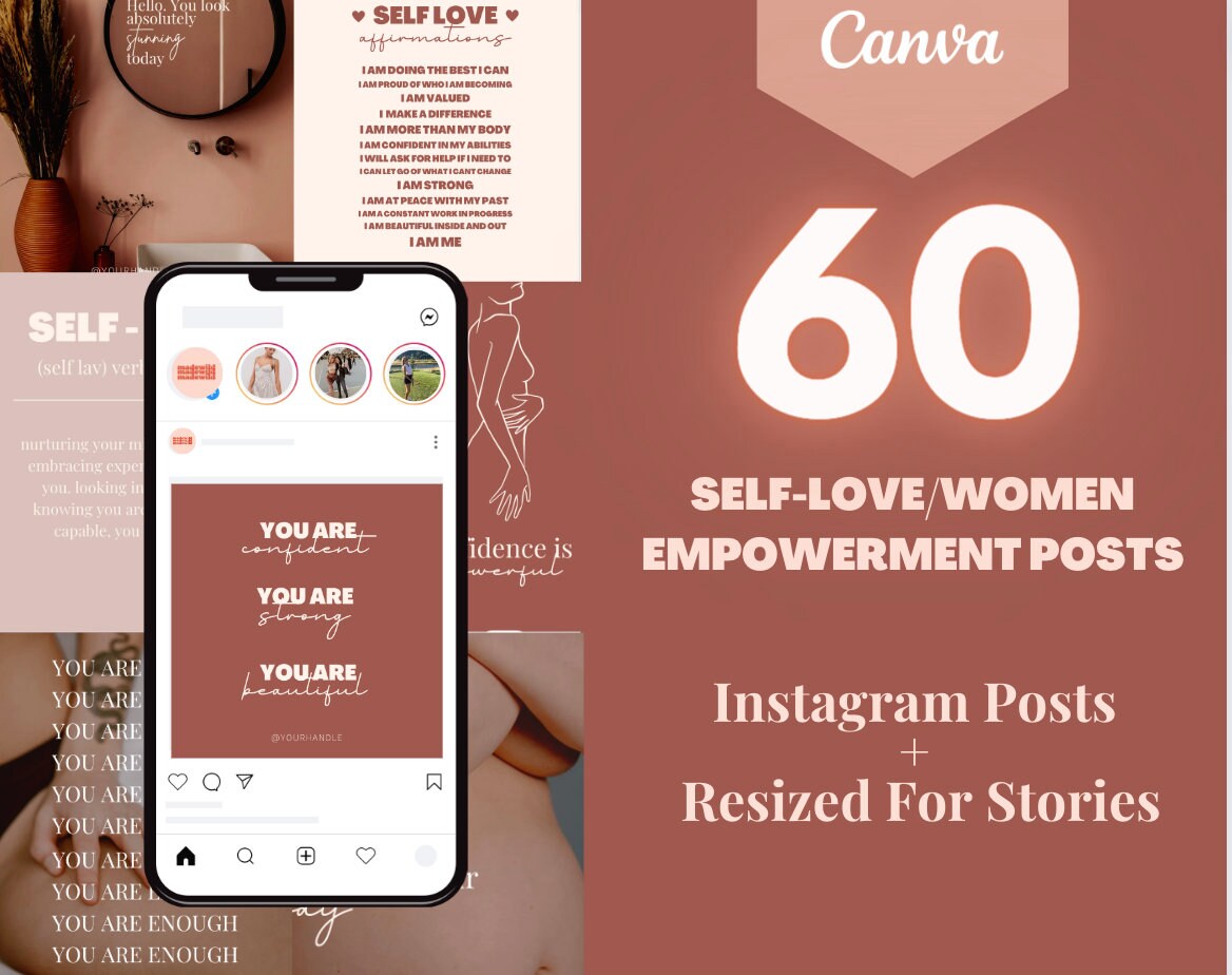 60 Self Love + Woman Empowerment Instagram Posts Canva Template