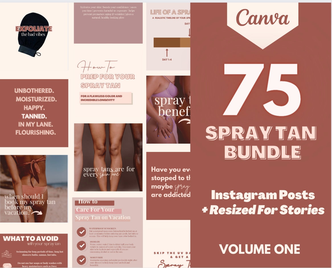 75+ Spray Tan Instagram Posts BUNDLE | VOLUME 1: In Feed Posts + Resized For Stories | Editable Digital Downloads | Canva Templates