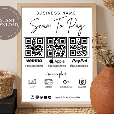 Scan To Pay Card, QR Code Sign, Printable Payment Sign, Venmo Payment Card, Editable Canva Template, PayPal Sign for Small Business, Digital