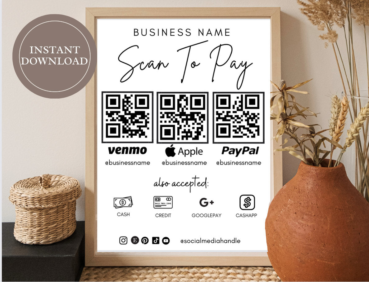 Scan To Pay Card, QR Code Sign, Printable Payment Sign, Venmo Payment Card, Editable Canva Template, PayPal Sign for Small Business, Digital