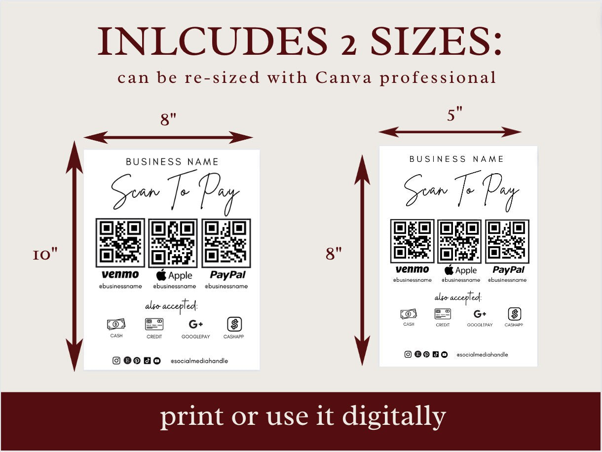 Scan To Pay Card, QR Code Sign, Printable Payment Sign, Venmo Payment Card, Editable Canva Template, PayPal Sign for Small Business, Digital