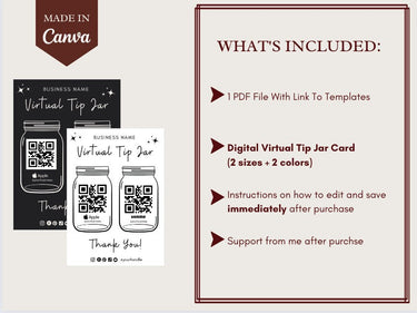 Virtual Tip Jar Print, QR Code Sign, Printable Tip Sign, Venmo Card, Editable Canva Template, Electronic Tipping for Small Business, Digital