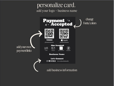 Payment Accepted Card, QR Code Sign, Printable Payment Sign, Venmo Card, Editable Canva Template, PayPal Sign for Small Business, Digital