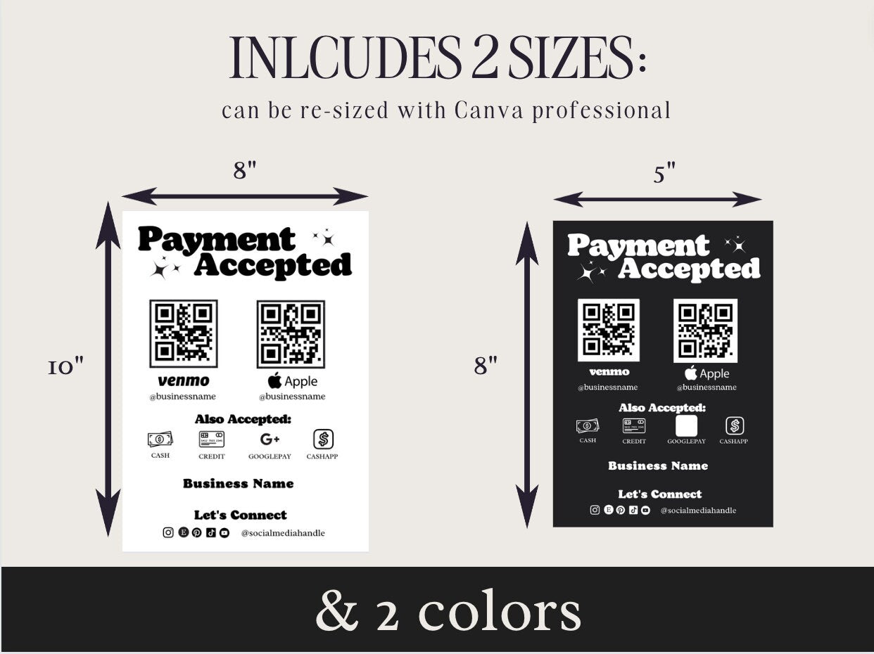 Payment Accepted Card, QR Code Sign, Printable Payment Sign, Venmo Card, Editable Canva Template, PayPal Sign for Small Business, Digital