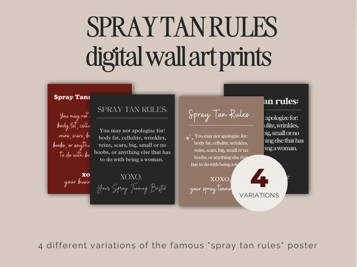 4 Spray Tan Rules Digital Wall Art Prints Canva Templates 2024